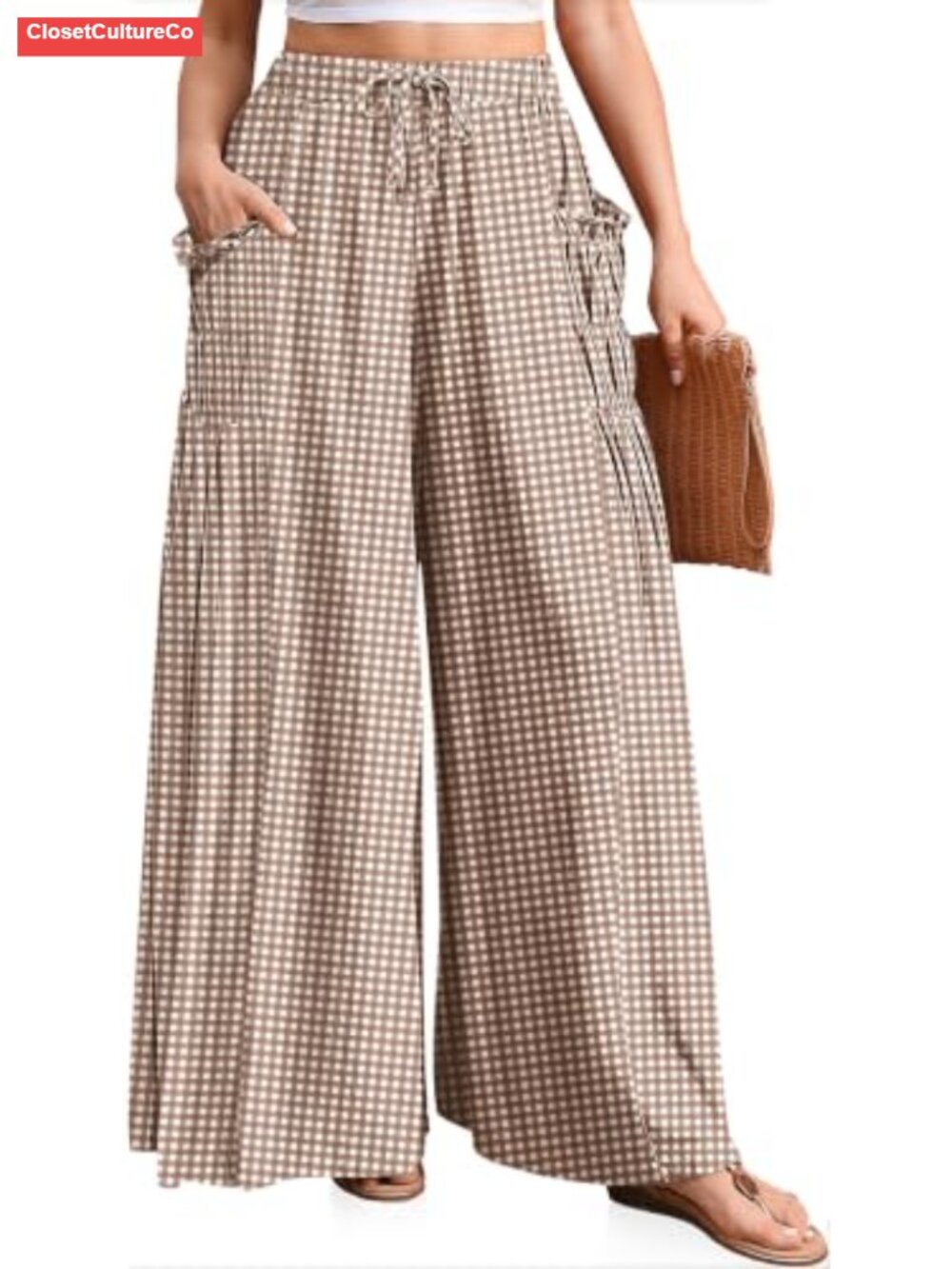 Wide Leg Palazzo Linen Blend Pants Smocked Drawstring Ruffle
